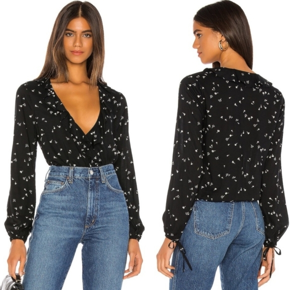PAIGE Abelie Surplice Wrap Top XS Long Sleeve Black White Floral Rayon Ruffled - Picture 1 of 16